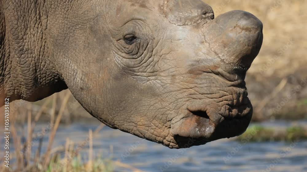 Extreme closeup white rhino looking putting head down drinking water slow motion Extreme closeup white rhino looking putting head down drinking water slow motion