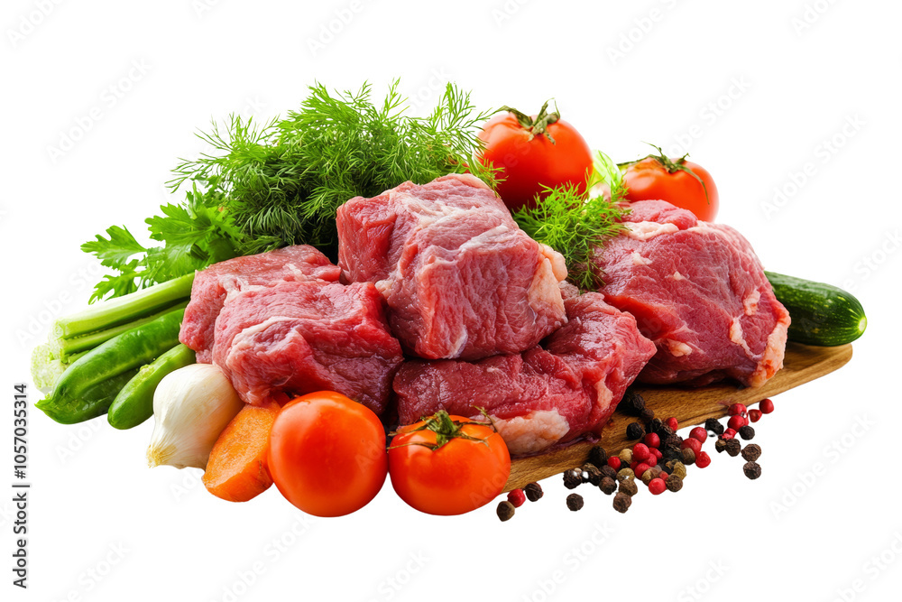 Fresh cuts of beef surrounded by vibrant vegetables on a wooden board. Fresh cuts of beef surrounded by vibrant vegetables on a wooden board.