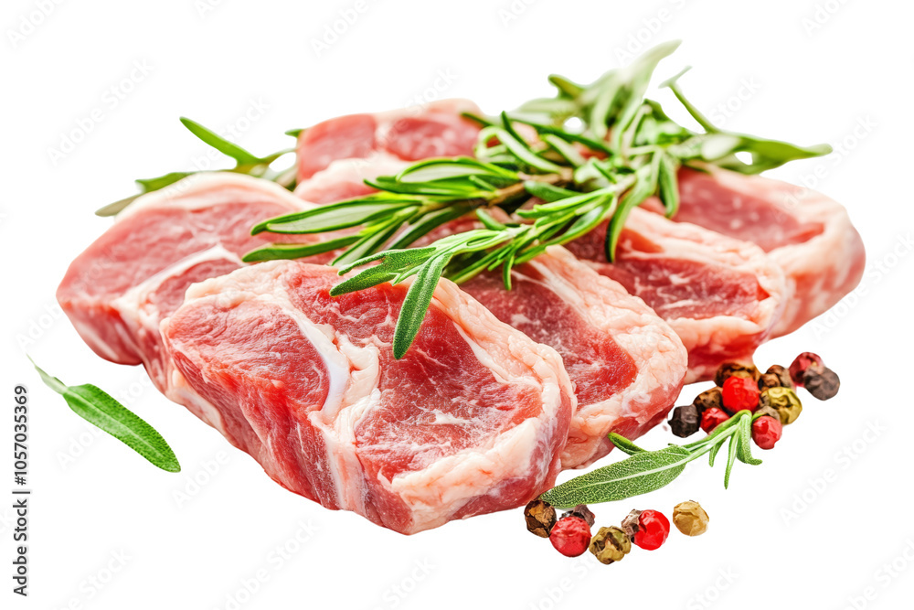 Fresh cuts of meat garnished with herbs and spices on a white background. Fresh cuts of meat garnished with herbs and spices on a white background.