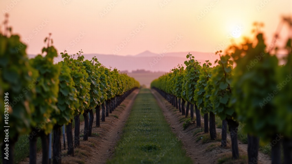 Obraz premium Rows of grapevines in a vineyard at sunrise with a soft pink sky