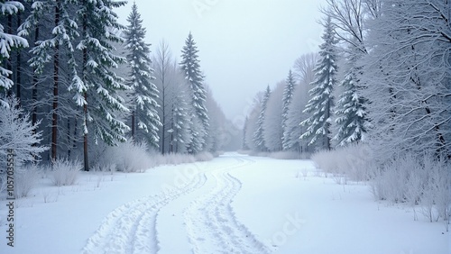 Snowy forest with a winding trail through frost-covered trees