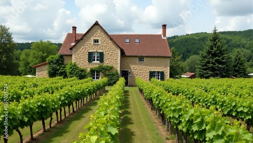 Vineyard with an old stone house surrounded by lush vines