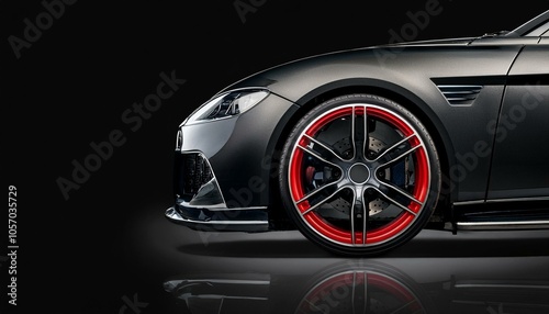 High-performance sports car with black alloy wheels and red brake calipers, isolated on black background