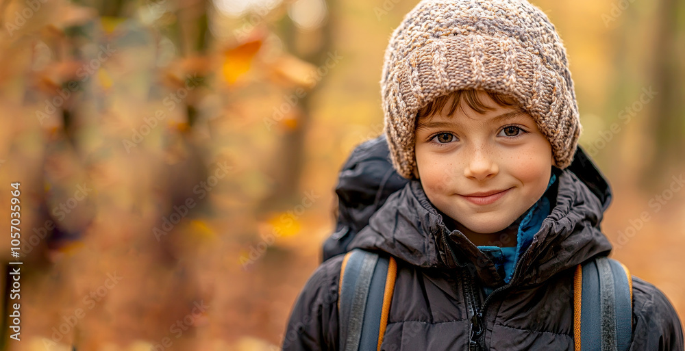 Smiling boy in a knit hat and jacket with a backpack in an autumn forest Generative AI Smiling boy in a knit hat and jacket with a backpack in an autumn forest Generative AI