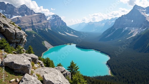 Rocky outcrop overlooking a bright turquoise lake in a valley