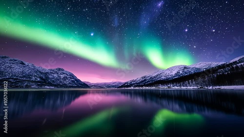 Stunning beautiful northern lights illuminate the snowy mountains and calm lake in Norway under a starry night sky