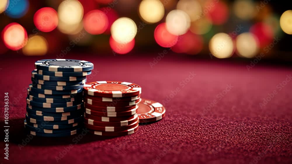 Casino gambling chips standing on felt table