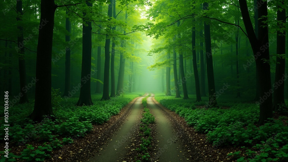 Fototapeta premium Dense green forest with a pathway leading into the shadows