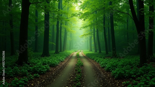 Dense green forest with a pathway leading into the shadows