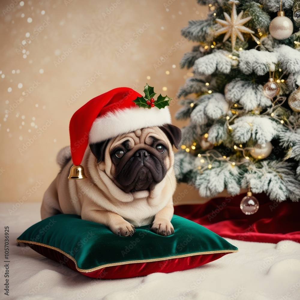 Pug dog in Santa hat with holly and bell on green cushion near decorated Christmas tree. Festive scene Pug dog in Santa hat with holly and bell on green cushion near decorated Christmas tree. Festive scene