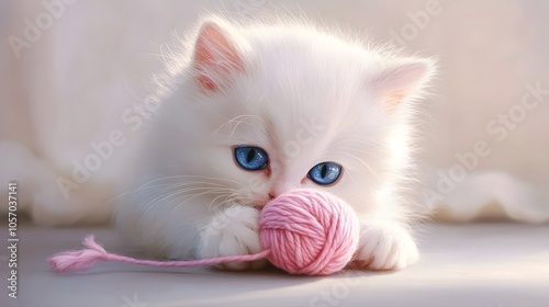 A white Persian kitten with blue eyes plays on the floor, holding a pink ball of yarn in its paws