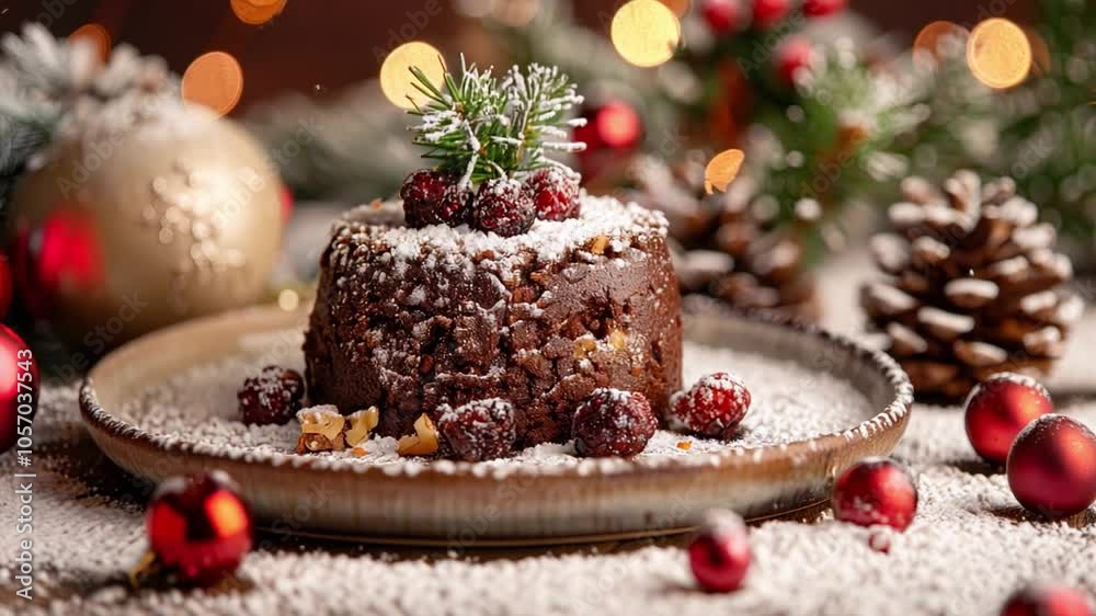 This beautifully arranged chocolate pudding topped with berries and pine in a festive environment. This beautifully arranged chocolate pudding topped with berries and pine in a festive environment.