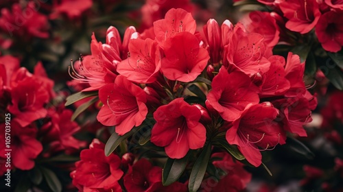 Vibrant red azalea blooms on bush in lush garden setting, showcasing spring floral beauty