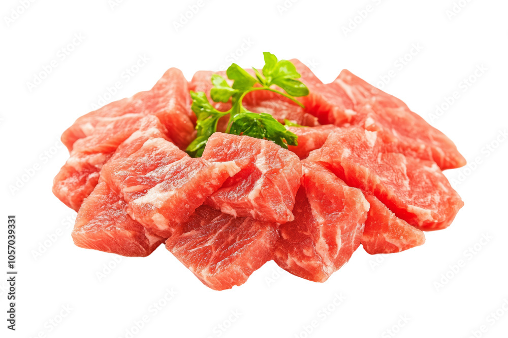 Fresh raw meat slices garnished with green leaf, perfect for culinary presentation or food-related projects.