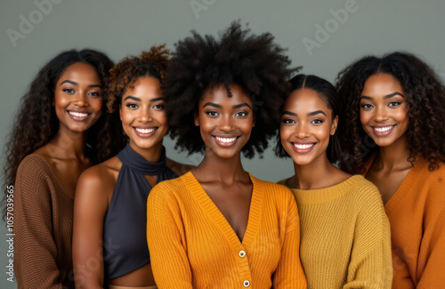 Four smiling women in sweaters