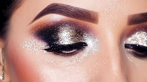 Close-up of applying silver glitter eyeshadow