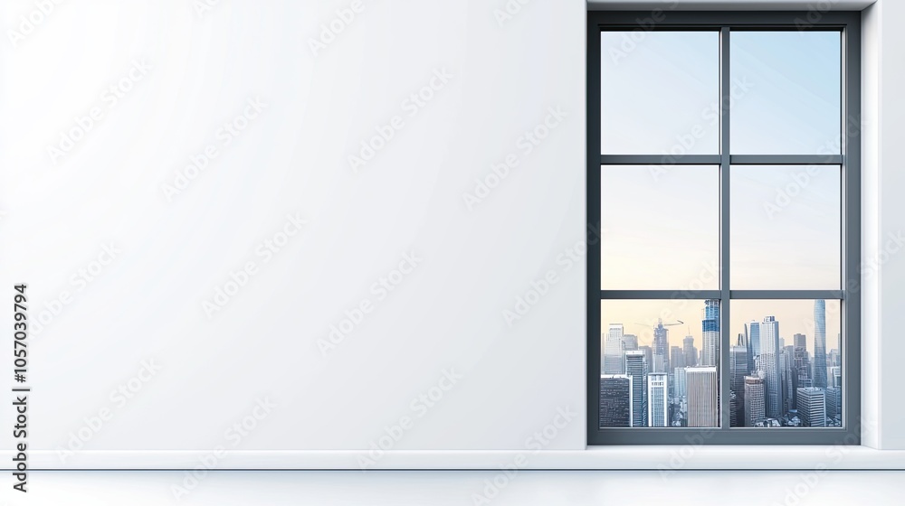 A minimalist interior featuring a large window that offers a view of a city skyline, with soft natural light illuminating the space.