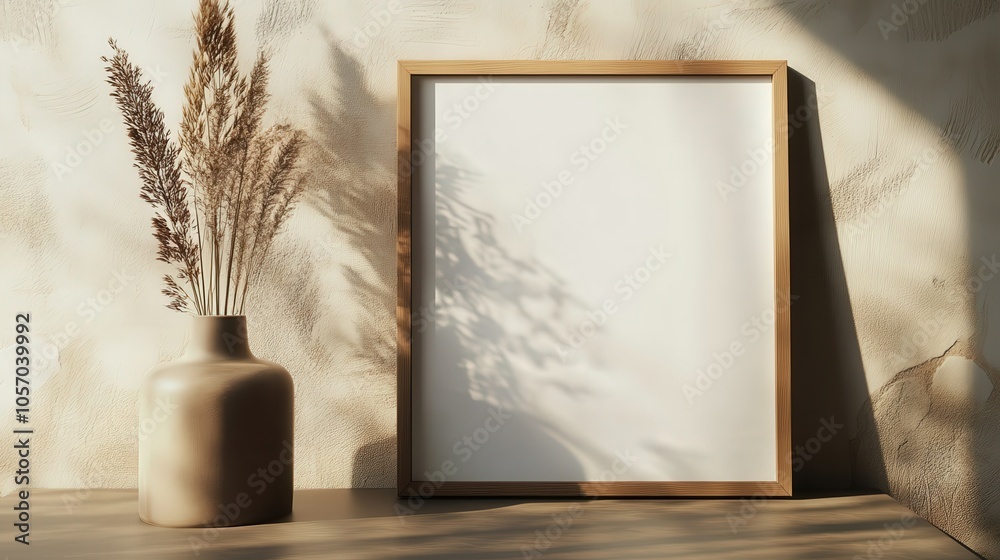 A minimalistic scene featuring a blank picture frame next to a vase with dried flowers, casting soft shadows on a textured wall. A minimalistic scene featuring a blank picture frame next to a vase with dried flowers, casting soft shadows on a textured wall.