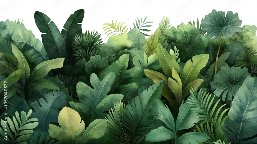 Illustration of a dense, lush tropical jungle with various types of large green leaves from different plants.