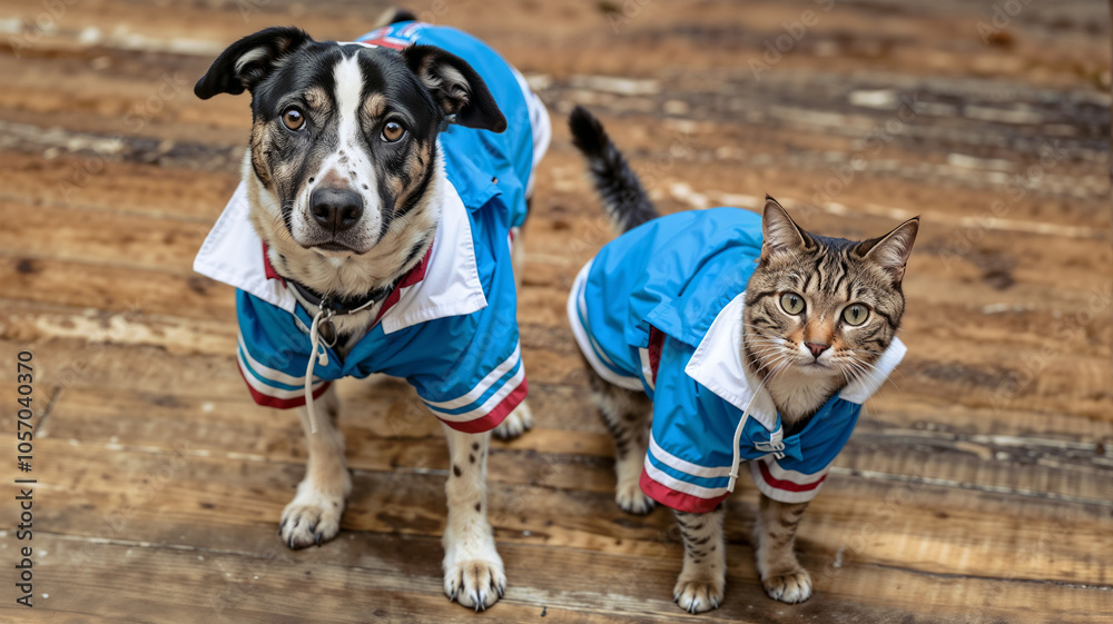 Stylish dog and cat in matching blue jackets posing together on wooden floor, showcasing friendship, copy space Stylish dog and cat in matching blue jackets posing together on wooden floor, showcasing friendship, copy space