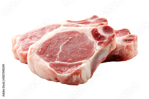 Fresh raw pork chops displayed on a white background, perfect for culinary usage and food presentations.