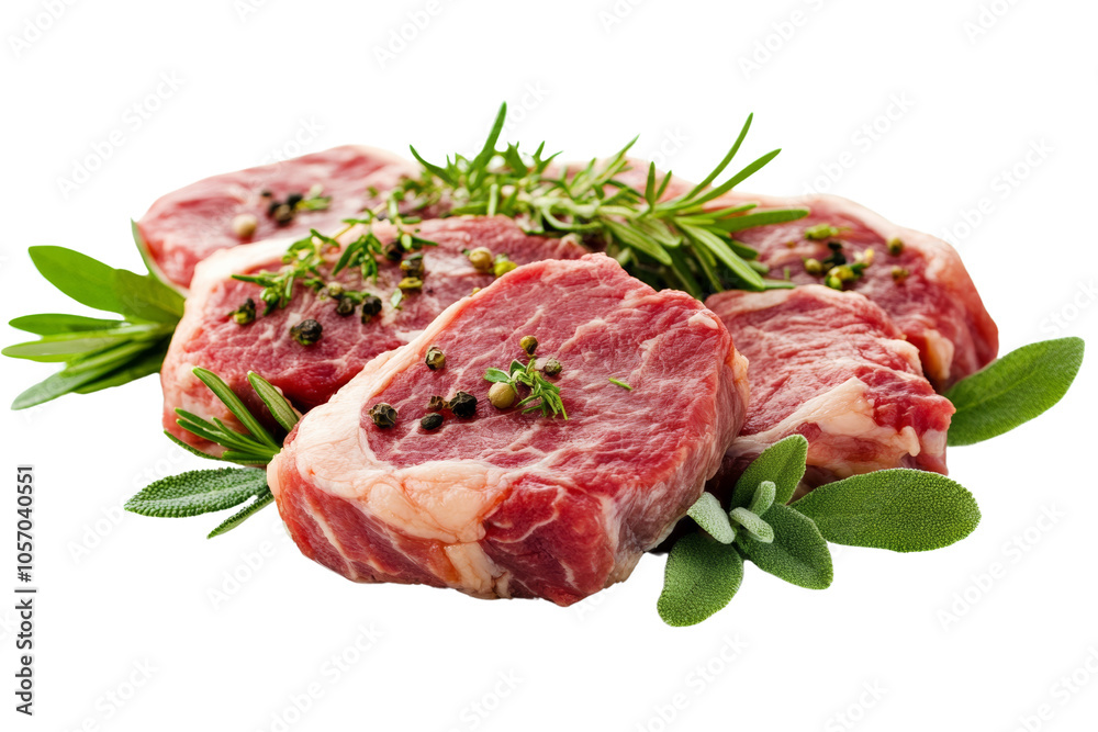 Fresh raw steak cuts garnished with aromatic herbs, vibrant green leaves, isolated on white background. Fresh raw steak cuts garnished with aromatic herbs, vibrant green leaves, isolated on white background.