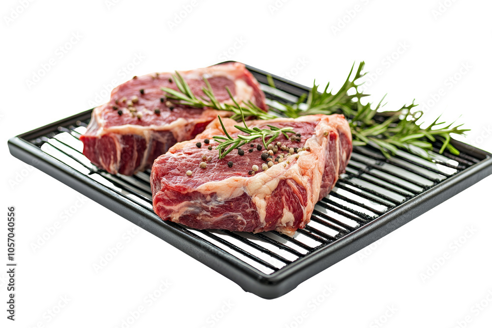 Fresh raw steaks with herbs, ready for grilling or cooking. Fresh raw steaks with herbs, ready for grilling or cooking.