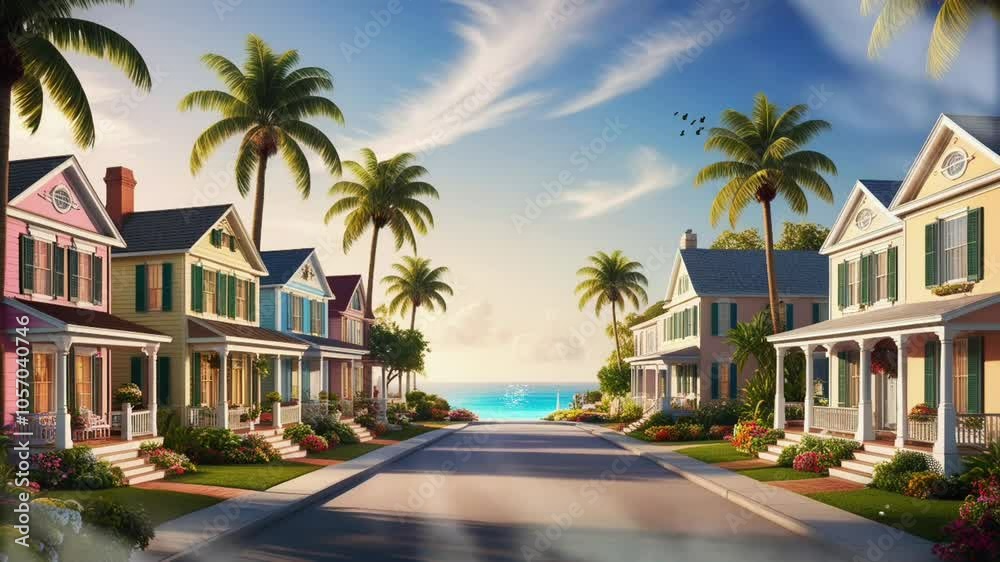 Charming coastal neighborhood with pastel houses and palm trees under a sunny sky in the late afternoon, seamless looping 4k video animation Charming coastal neighborhood with pastel houses and palm trees under a sunny sky in the late afternoon, seamless looping 4k video animation