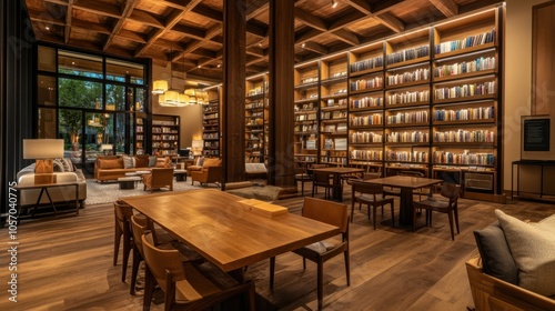 Spacious library with open shelving, wooden tables, and warm lighting, providing a modern reading environment