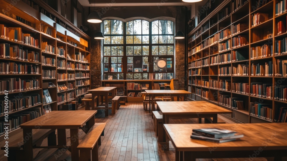 Spacious library with open shelving, wooden tables, and warm lighting, providing a modern reading environment Spacious library with open shelving, wooden tables, and warm lighting, providing a modern reading environment