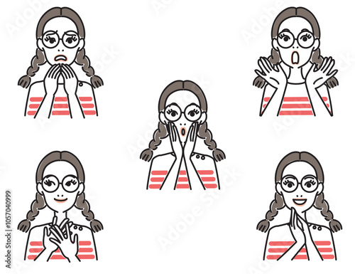 メガネの若い女性の表情セット