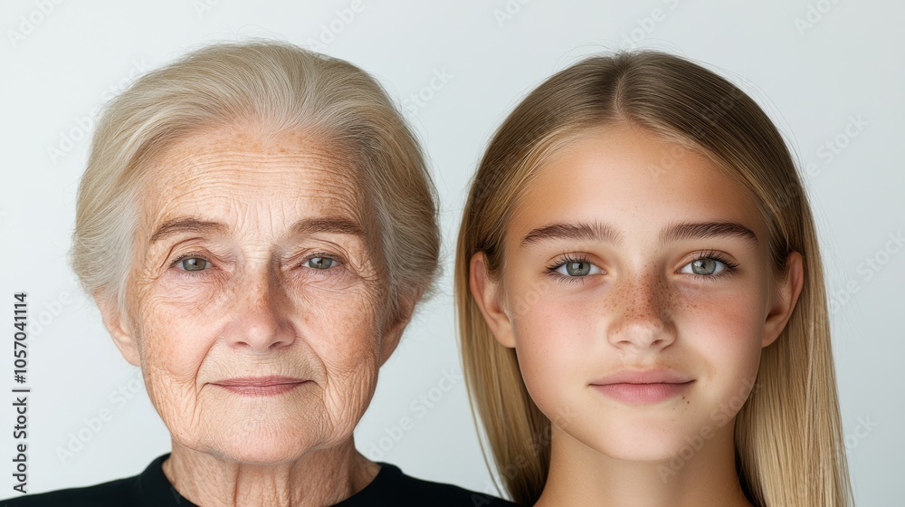 This half and half portrait presents an older woman alongside a young girl, emphasizing the visible effects of aging, such as wrinkles and radiant skin This half and half portrait presents an older woman alongside a young girl, emphasizing the visible effects of aging, such as wrinkles and radiant skin