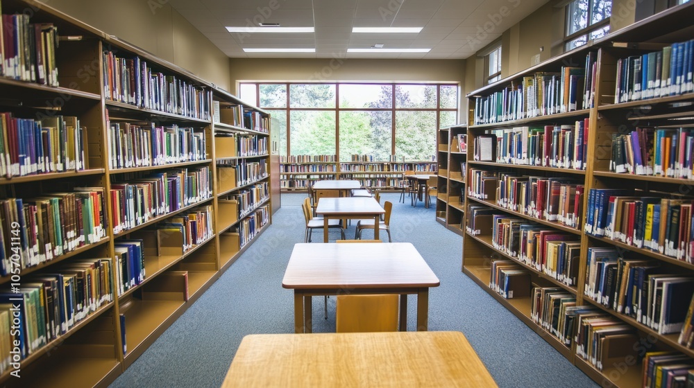 Spacious library with tall shelves, reading tables, and group study areas, supporting collaborative learning Spacious library with tall shelves, reading tables, and group study areas, supporting collaborative learning