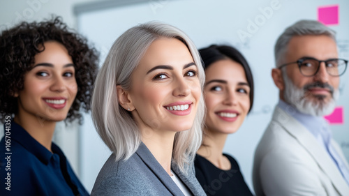 Diverse group of professionals smiling confidently in a modern office setting, symbolizing teamwork and collaboration.