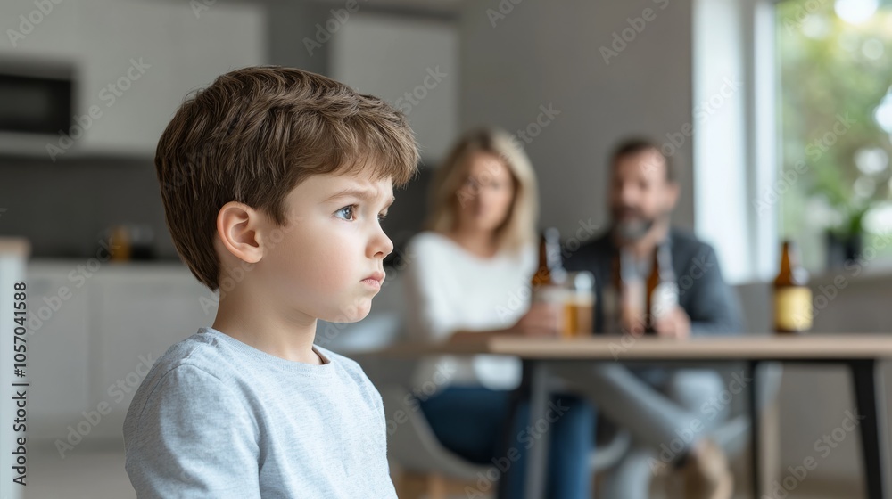 A young boy with a serious expression looks away from the table where a couple enjoys bottled drinks in a contemporary space, illuminated by natural light A young boy with a serious expression looks away from the table where a couple enjoys bottled drinks in a contemporary space, illuminated by natural light