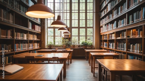 Spacious library with wooden tables, pendant lights, and minimalist design, ideal for a modern study vibe