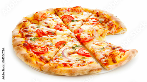  Cheesy Pizza Slice with Rich Tomato and Onion Toppings, Gooey Cheese Dripping, Vibrant Colorful Food Presentation.