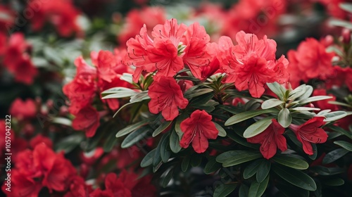 Vibrant red azalea blooms on bush in lush garden setting, showcasing spring floral beauty