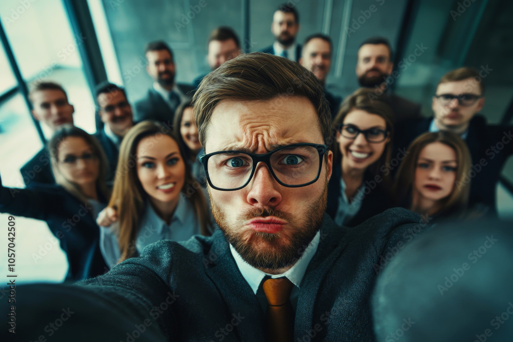 Obraz premium Angry man taking selfie with group of people in office. Serious business leader with stern expression