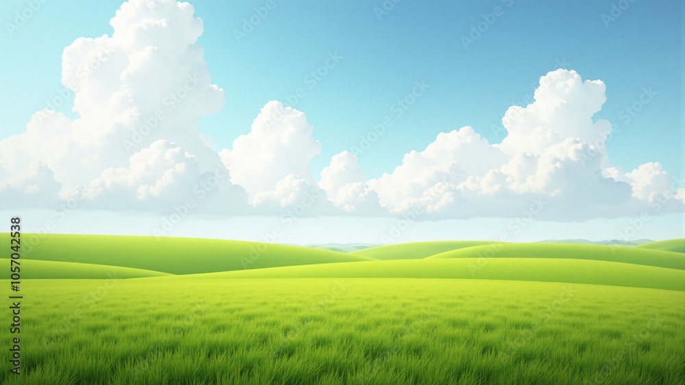 Vast grasslands stretching to the horizon with fluffy white clouds above Vast grasslands stretching to the horizon with fluffy white clouds above