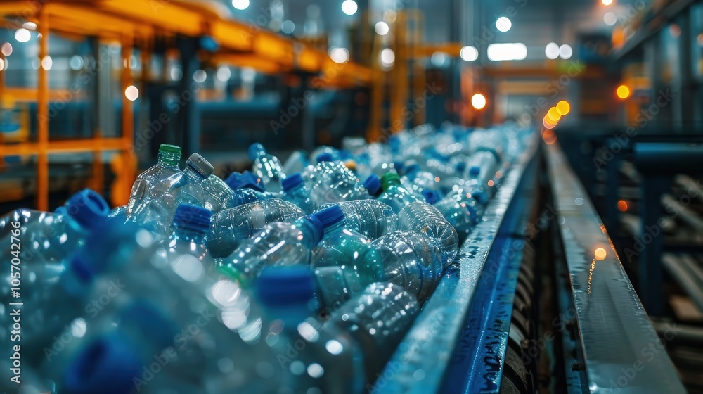 Collection of Recycled Plastic Bottles on a Conveyor Belt in a Modern Recycling Facility Collection of Recycled Plastic Bottles on a Conveyor Belt in a Modern Recycling Facility