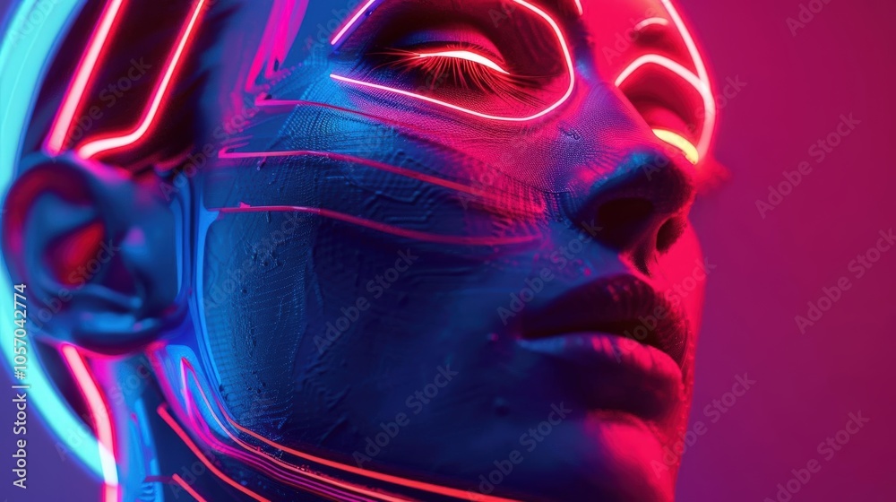 A Close-up Shot of a Digital portraits with neon accents and abstract geometric shapes A Close-up Shot of a Digital portraits with neon accents and abstract geometric shapes