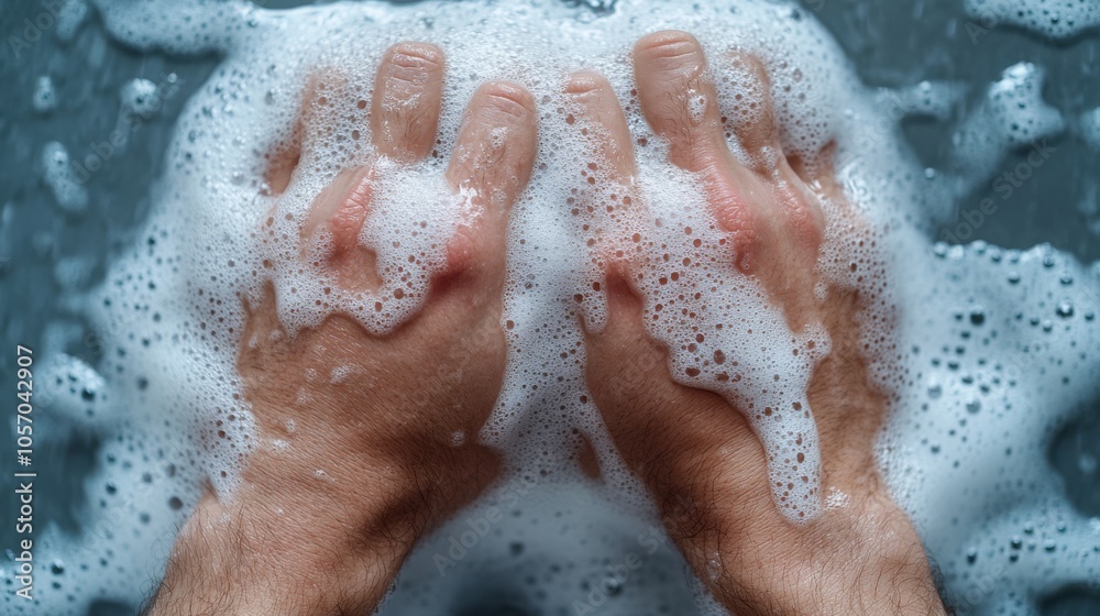 The hands are vigorously scrubbing a clean surface covered with soap, showcasing the intensity of the repetitive motion and sharp details accentuated by bright overhead lighting The hands are vigorously scrubbing a clean surface covered with soap, showcasing the intensity of the repetitive motion and sharp details accentuated by bright overhead lighting