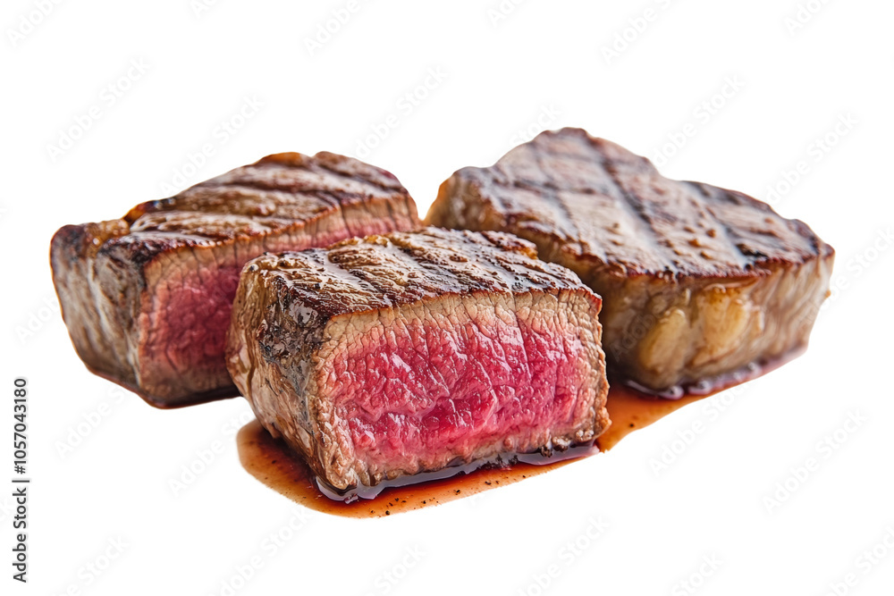 Grilled steak cuts with juicy red center on a white isolated background. Grilled steak cuts with juicy red center on a white isolated background.