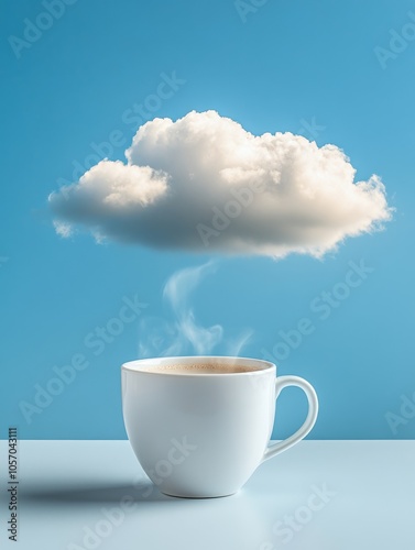 A cup of steaming hot milk tea nestled in elegant china sits beneath a fluffy cumulus cloud, bathed in warm sunlight against a blue sky, evoking a sense of peace