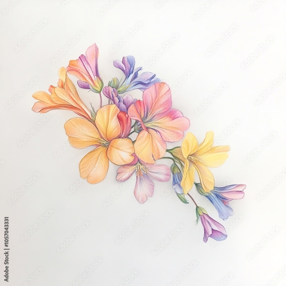 Fototapeta premium A botanical drawing of delicate colorful flowers, with intricate petal details and soft hues.