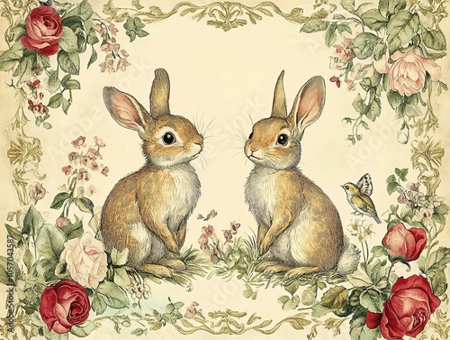 Two rabbits with decorative floral frame in vintage style.