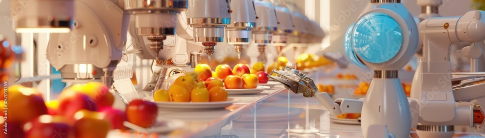 a culinary laboratory from a birds-eye viewpoint Show robotic sous chefs elegantly preparing vibrant dishes a culinary laboratory from a birds-eye viewpoint Show robotic sous chefs elegantly preparing vibrant dishes