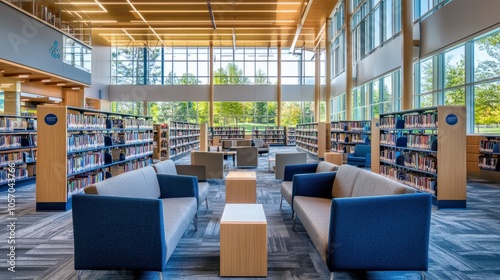Spacious public library with high shelves, organized reading zones, and modern furnishings, perfect for readers