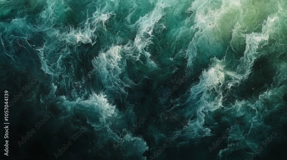 Abstract image of dark teal ocean waves with white crests crashing and churning, creating a dramatic and dynamic seascape.